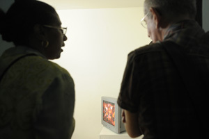 Exhibition at L'Artocarpe: visitor discussing in front of a video presentation (2009)