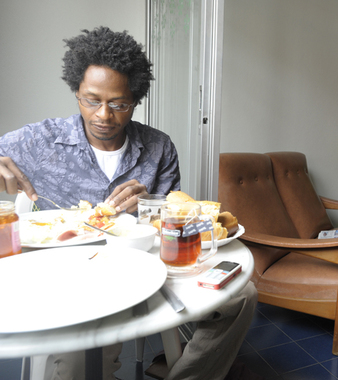 Artist Mario Lewis (Trinidad) enjoying breakfast at L'Artocarpe
