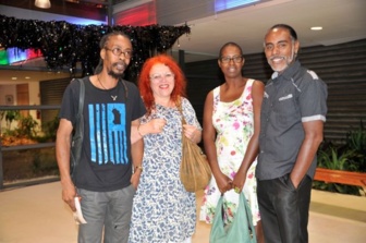10 years on since Latitudes 2004! Régine Cuzin who set up the Latitudes exhibitions in Paris, seen here with 3 artists from Latitudes 2004, at the Gwadali exhibition in Port Louis, Guadeloupe 2014