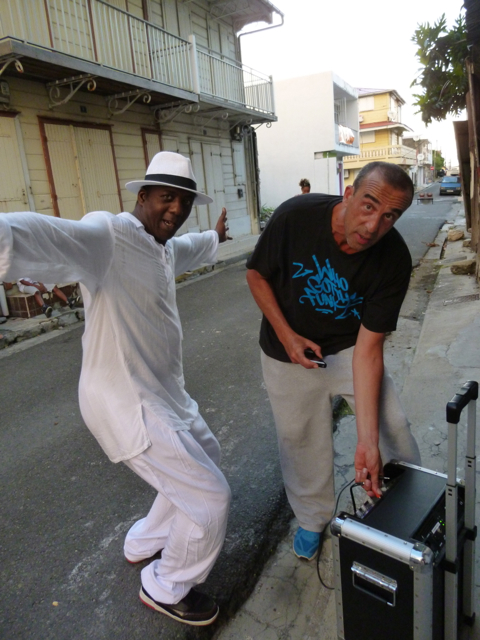 Isabelle's husband Stephane (right) reconnecting with Hip Hop colleague artist Leeroy (left) at L'Artocarpe
